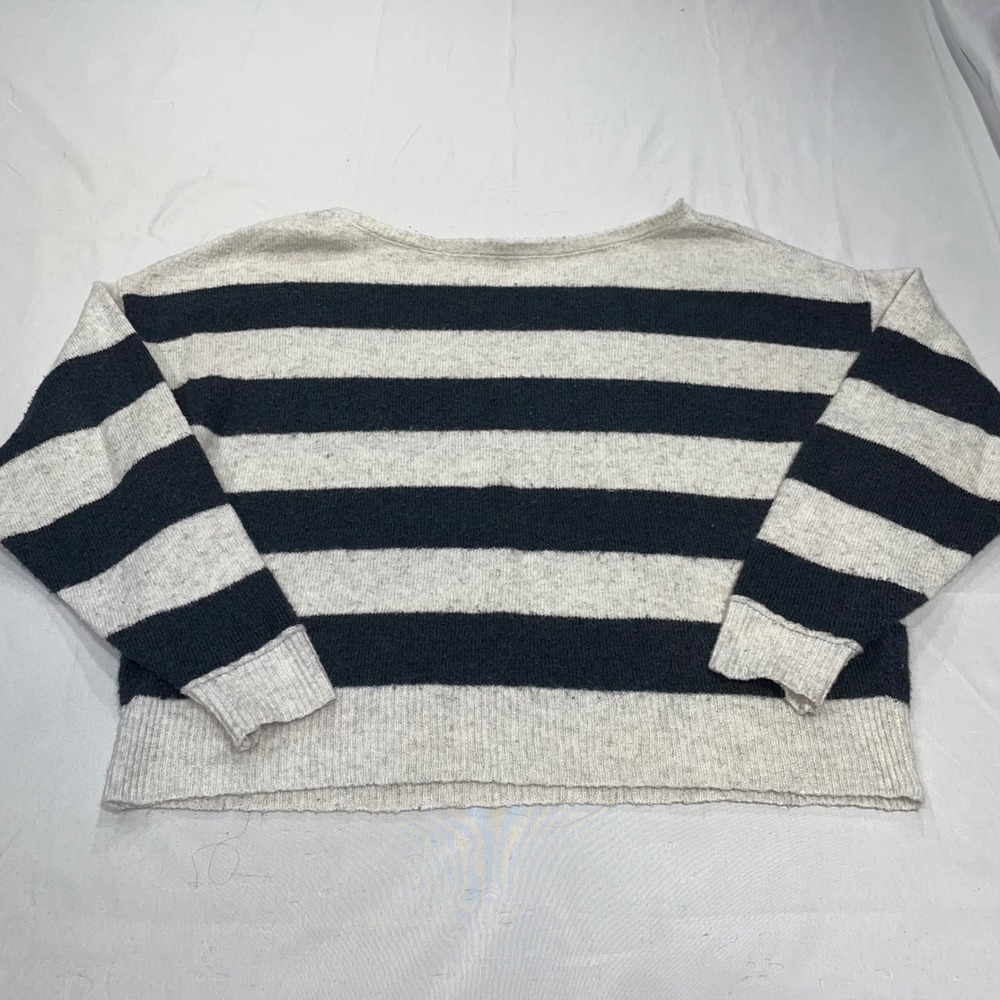 American Eagle Striped Boat Neck Sweater Navy Cream Recycled Knit XS